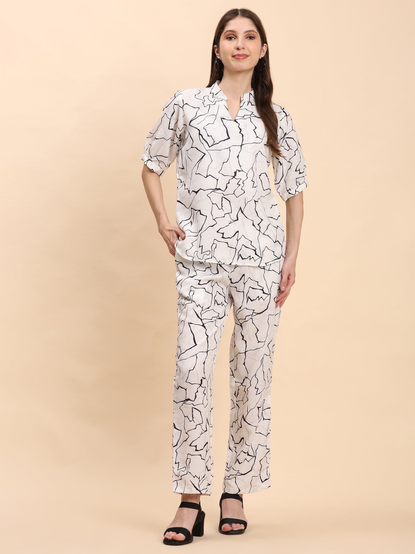 Noia White & Black Abstract Short Sleeve Top with Trousers
