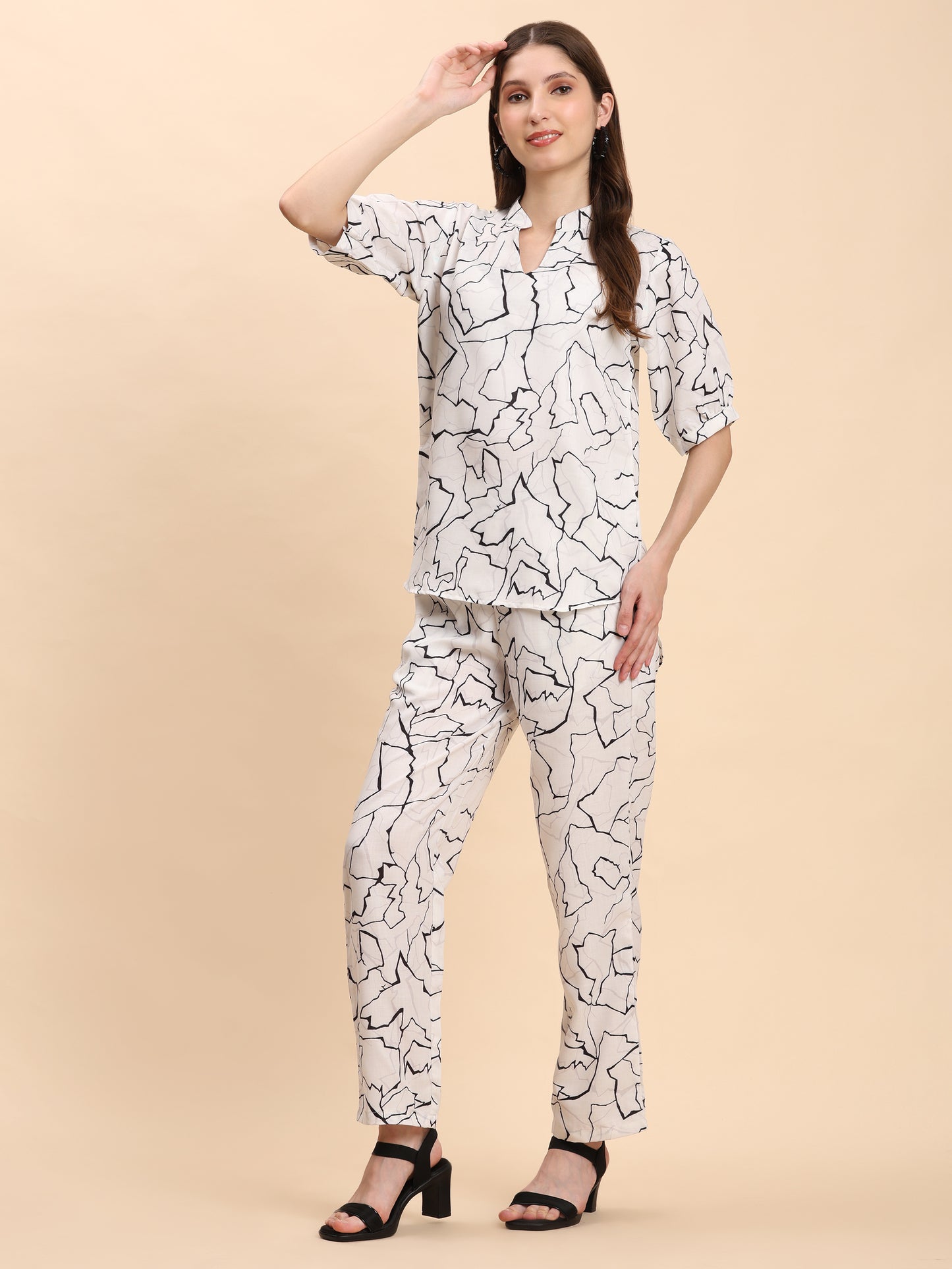 Noia White & Black Abstract Short Sleeve Top with Trousers