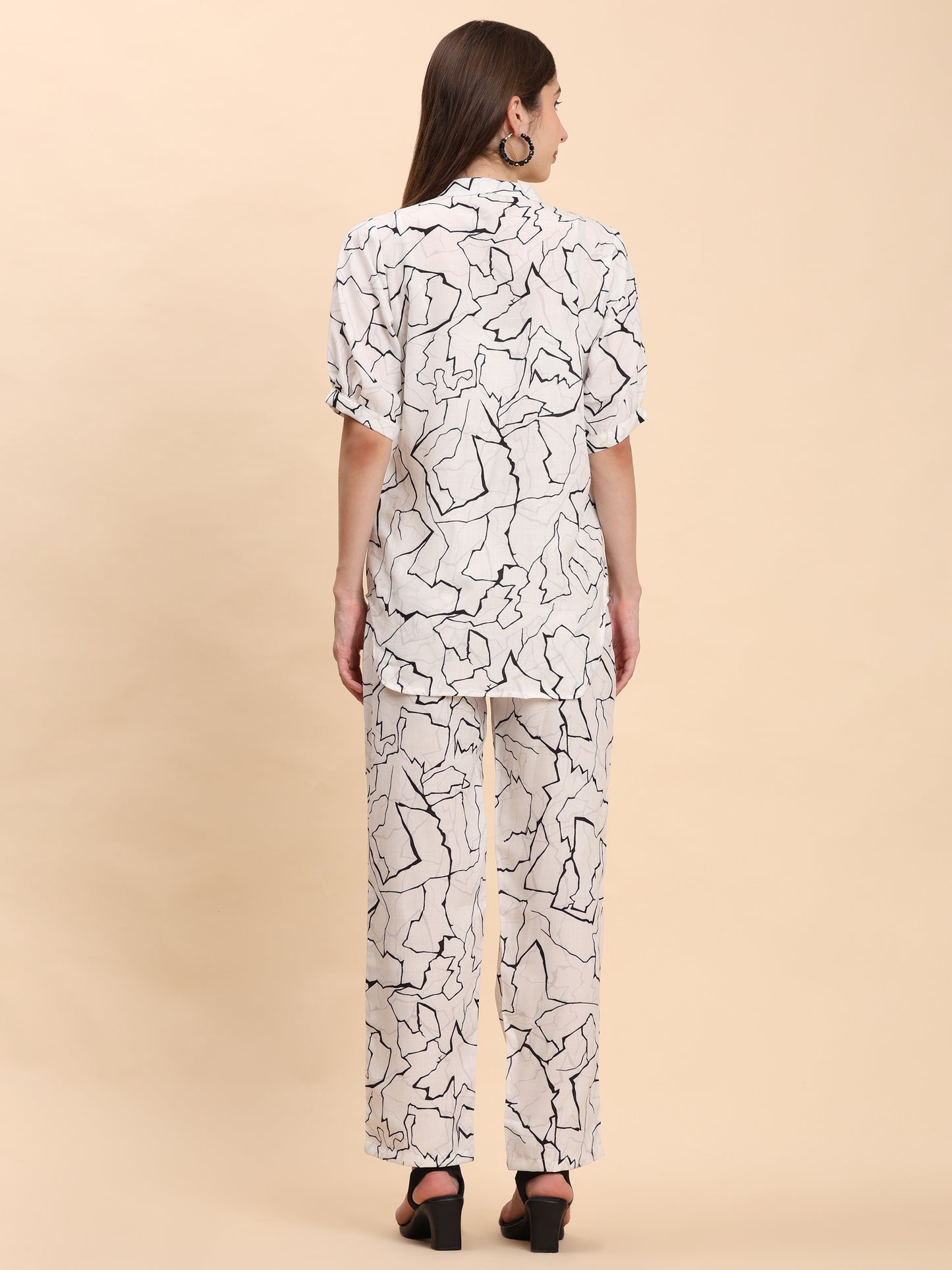 Noia White & Black Abstract Short Sleeve Top with Trousers