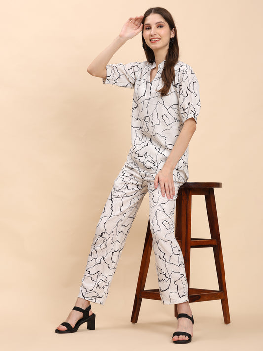 Noia White & Black Abstract Short Sleeve Top with Trousers