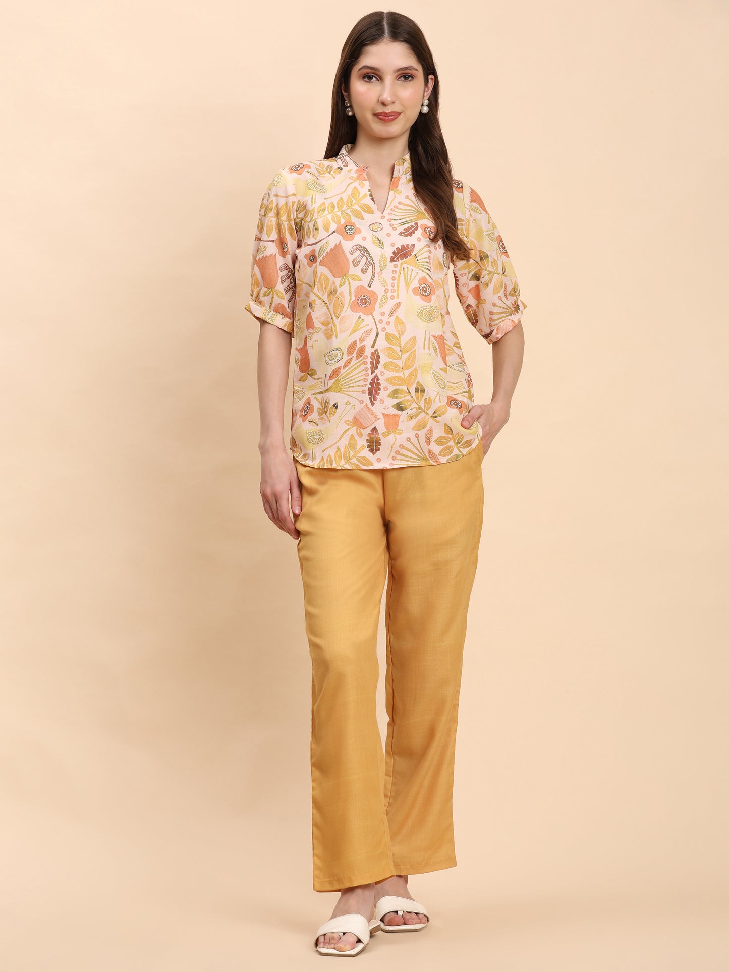 Noia Yellow Multi Abstract Floral Short Sleeve Top with Trousers