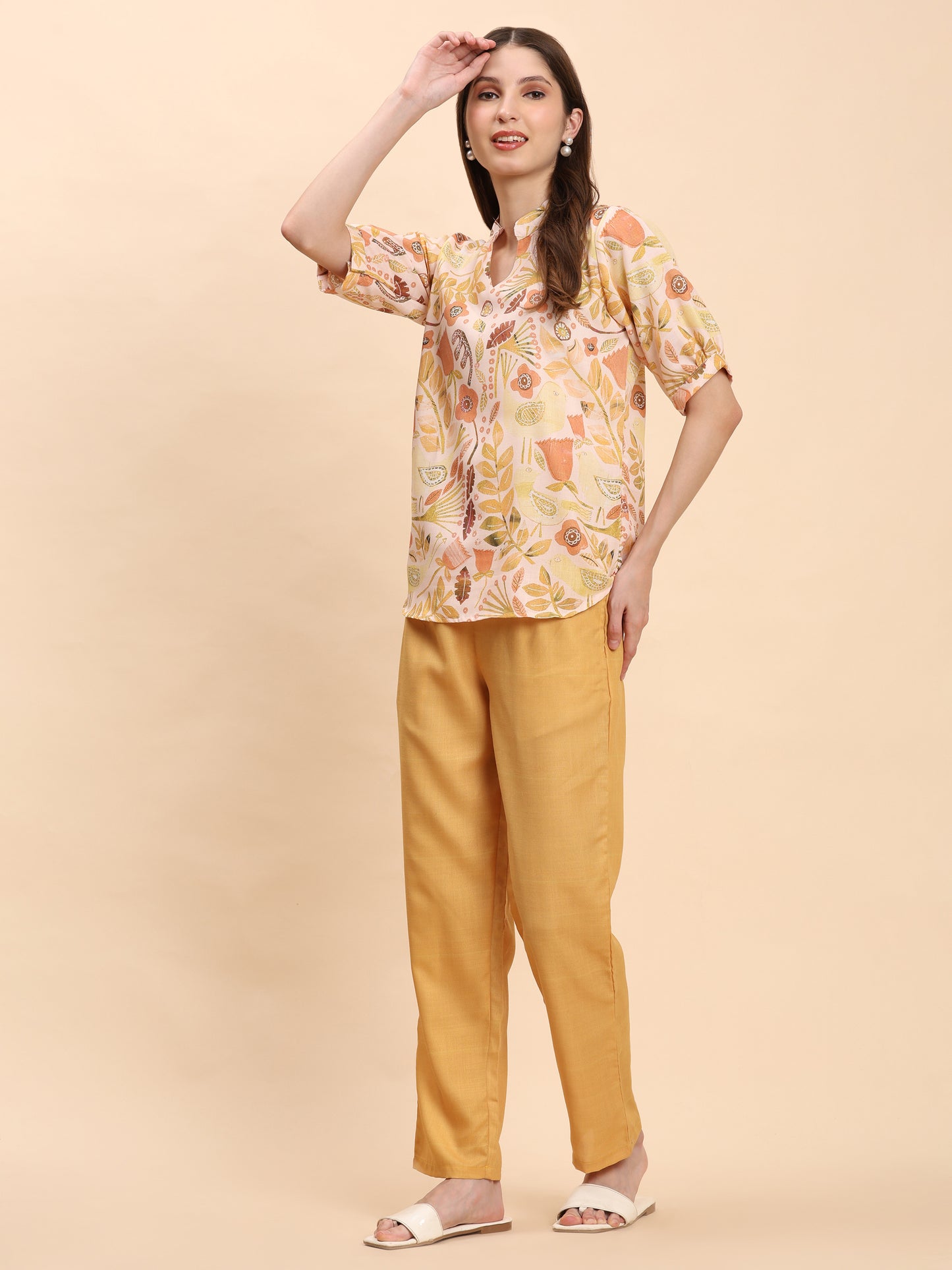 Noia Yellow Multi Abstract Floral Short Sleeve Top with Trousers