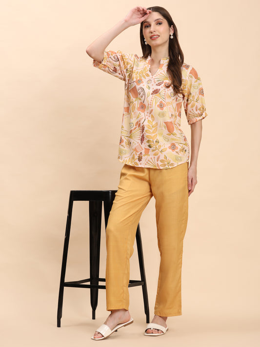 Noia Yellow Multi Abstract Floral Short Sleeve Top with Trousers