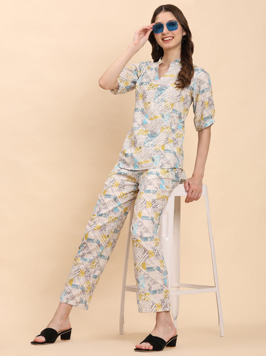 Noia White & Multi Geometric Short Sleeve Top with Trousers