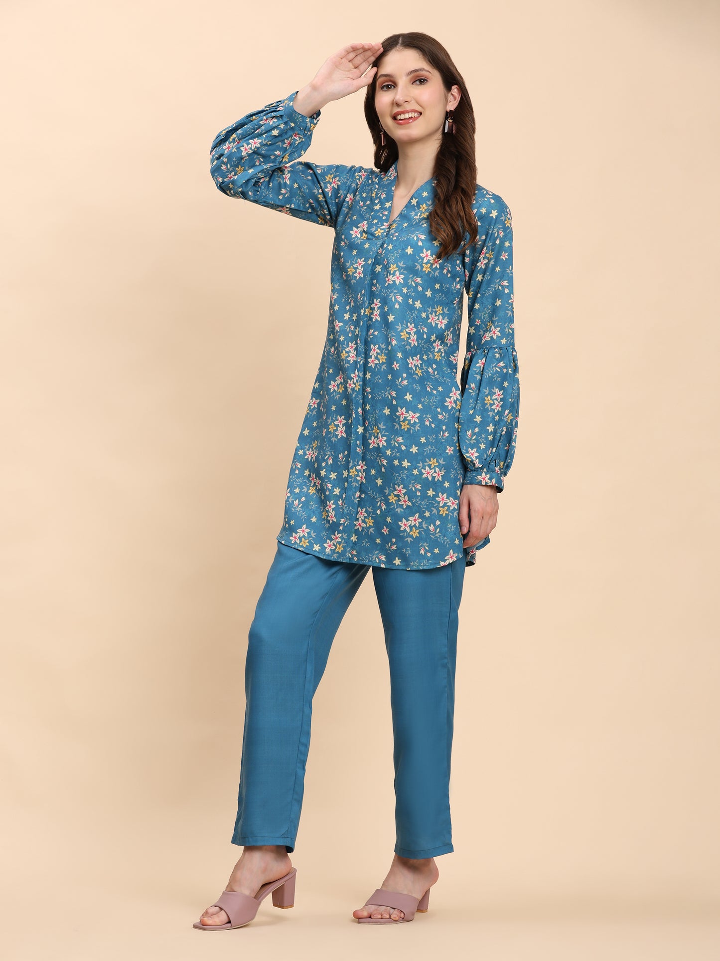 Noia Green & Yellow Floral Ditsy V Necked Top with Trousers