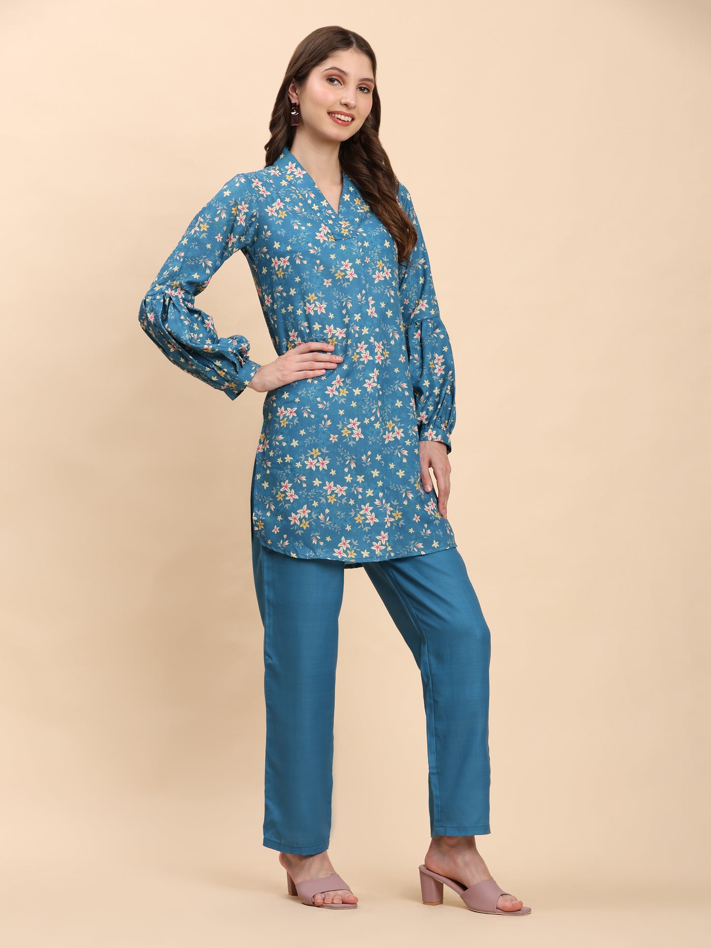 Noia Green & Yellow Floral Ditsy V Necked Top with Trousers