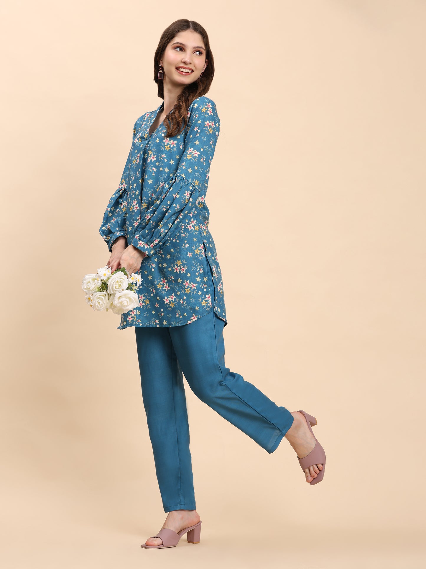 Noia Green & Yellow Floral Ditsy V Necked Top with Trousers