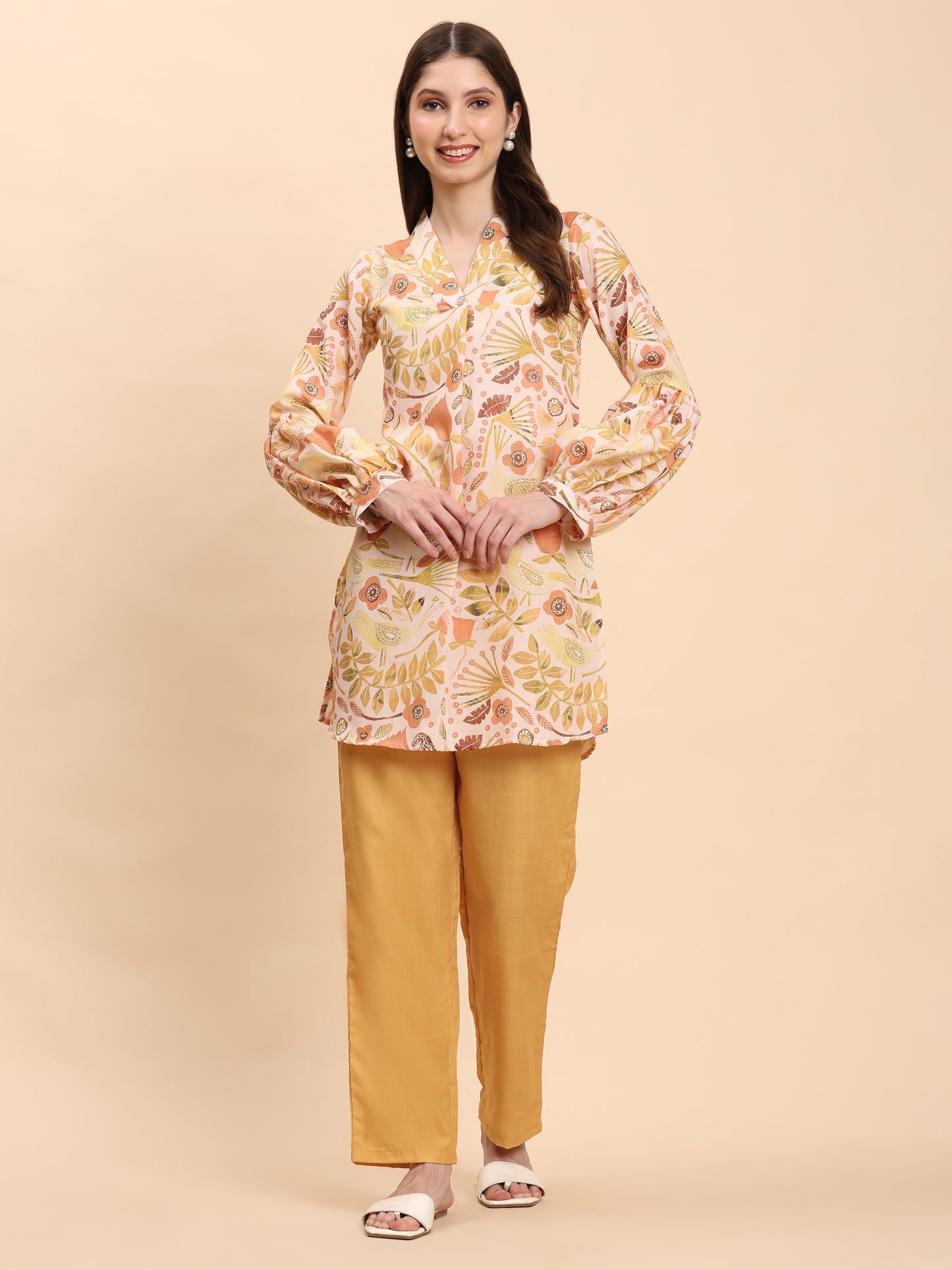 Noia Yellow Multi Abstract Floral V Necked Top with Trousers