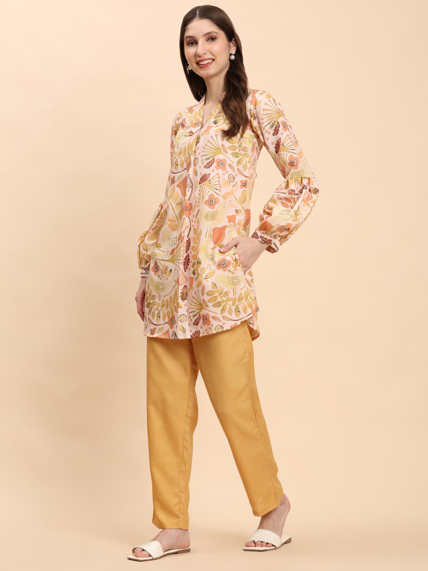 Noia Yellow Multi Abstract Floral V Necked Top with Trousers