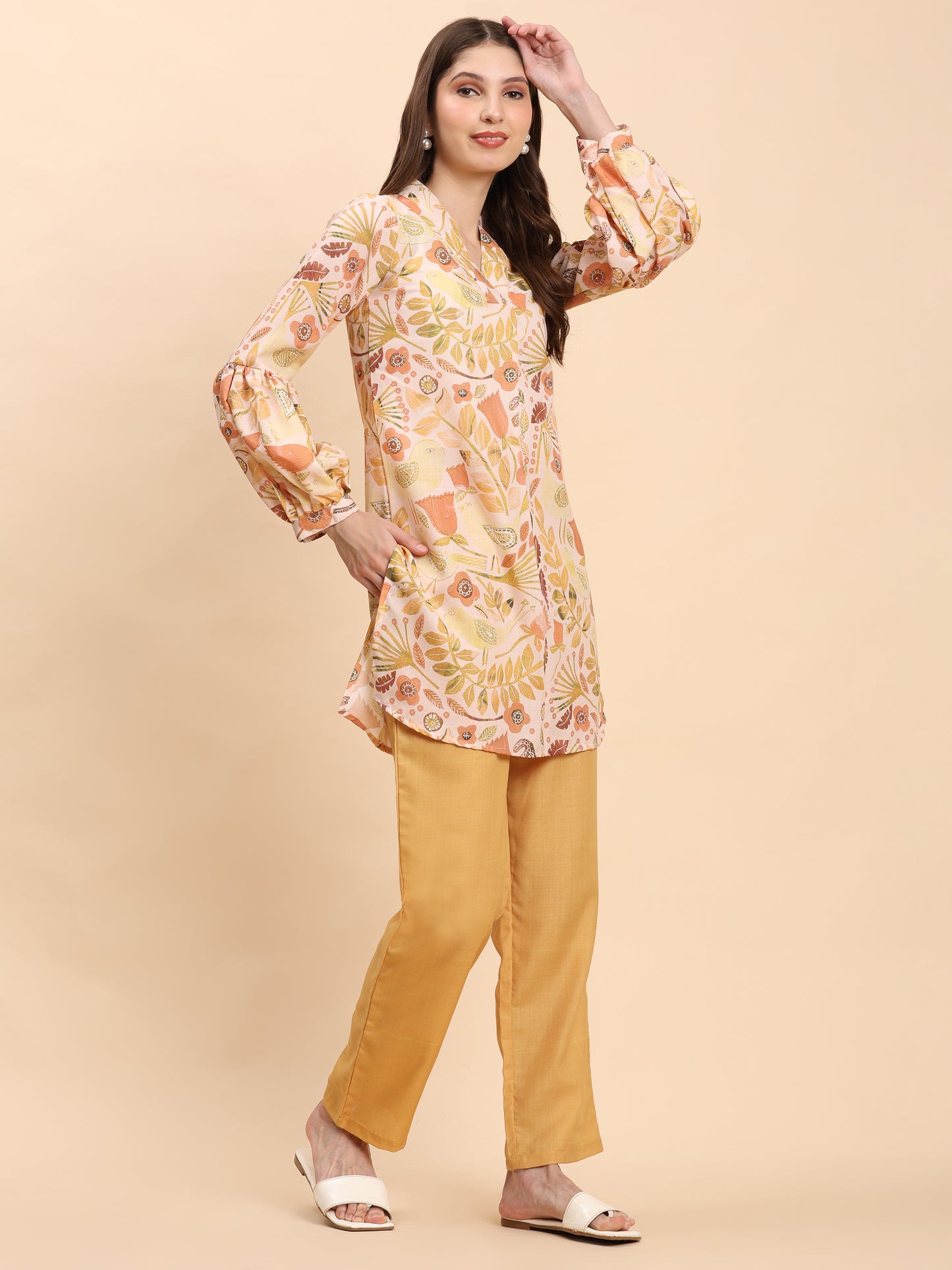 Noia Yellow Multi Abstract Floral V Necked Top with Trousers