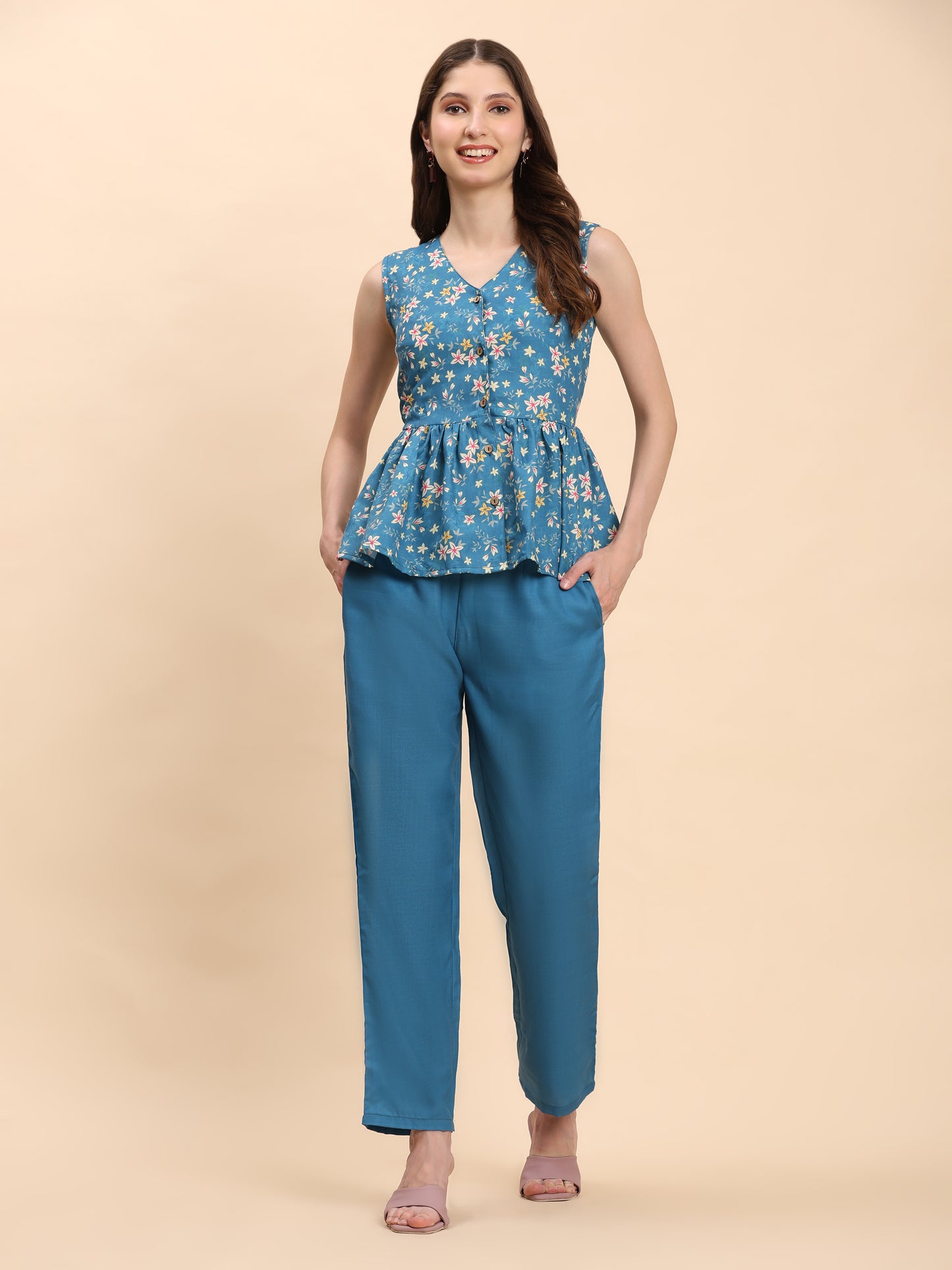 Noia Green & Yellow Floral Ditsy Sleeveless Peplum Top with Trousers