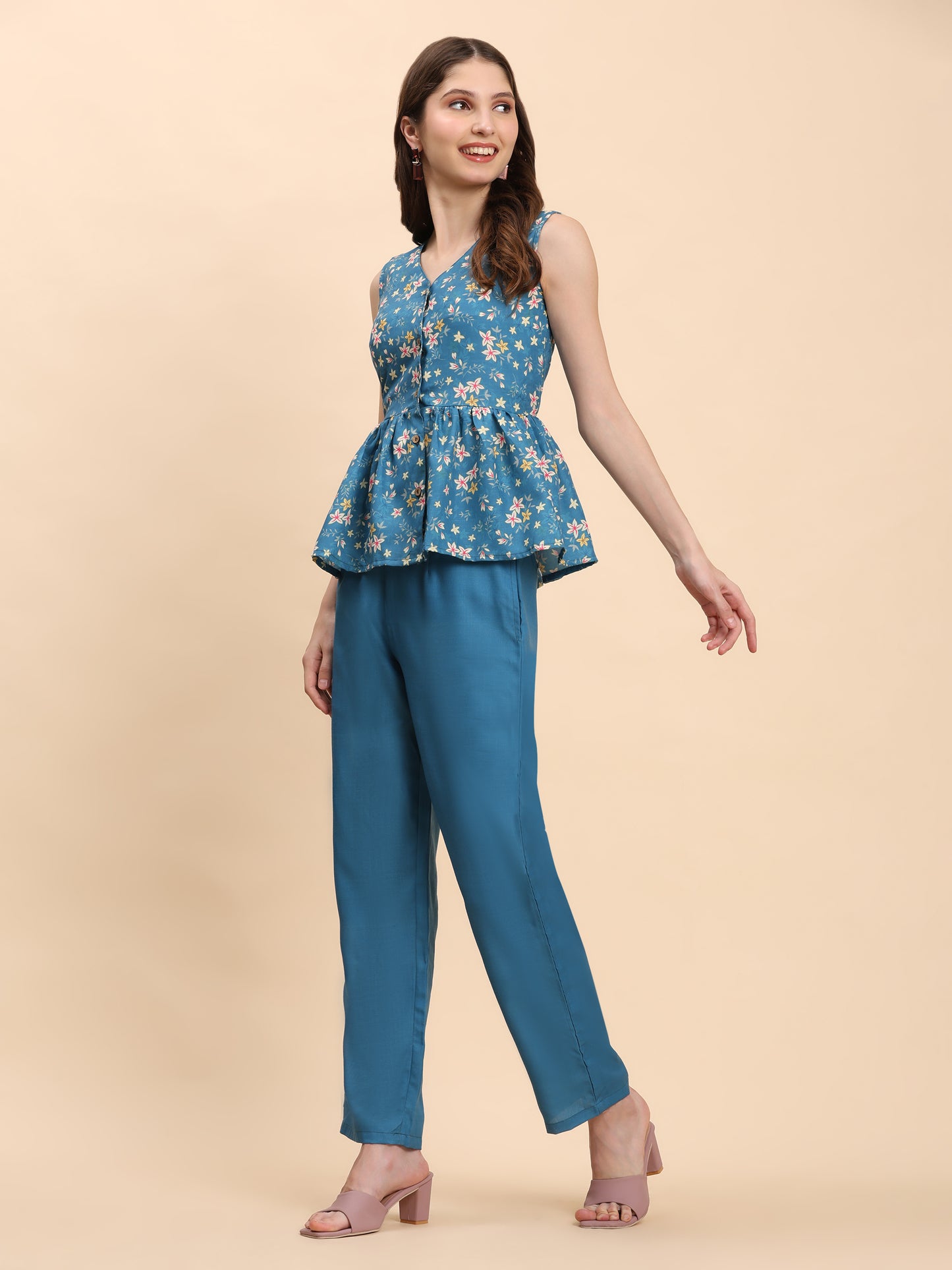 Noia Green & Yellow Floral Ditsy Sleeveless Peplum Top with Trousers