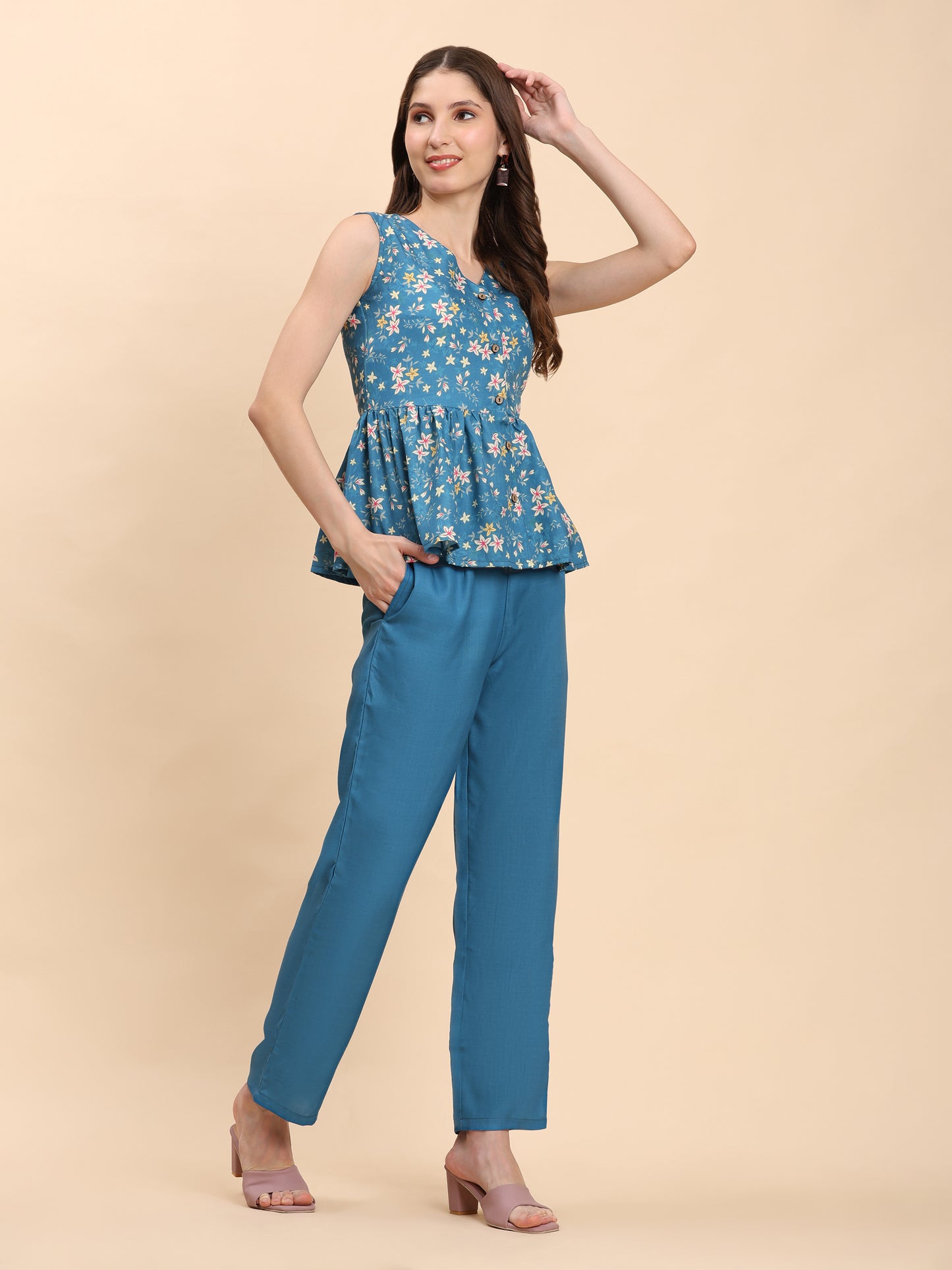 Noia Green & Yellow Floral Ditsy Sleeveless Peplum Top with Trousers