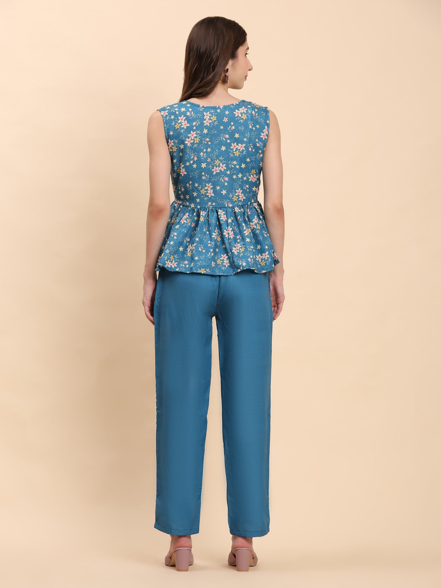 Noia Green & Yellow Floral Ditsy Sleeveless Peplum Top with Trousers