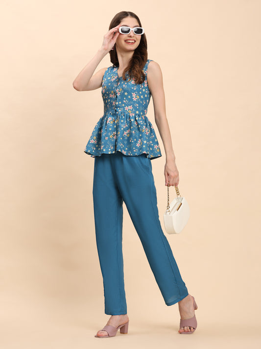 Noia Green & Yellow Floral Ditsy Sleeveless Peplum Top with Trousers