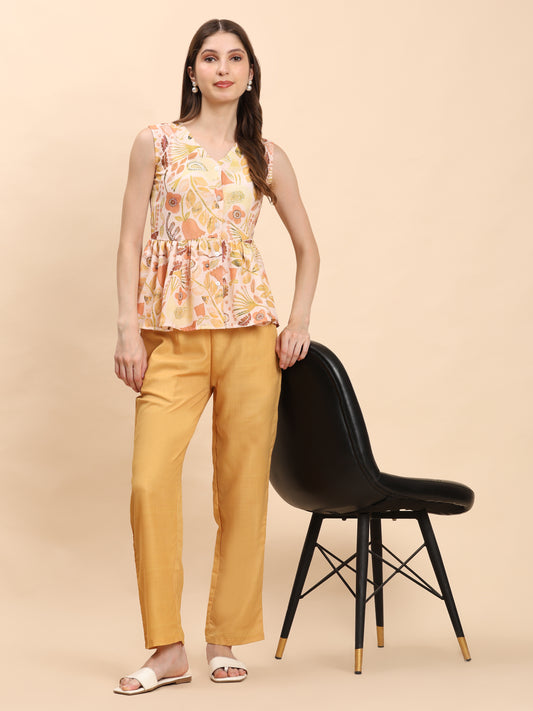 Noia Yellow Multi Abstract Floral Sleeveless Peplum Top with Trousers