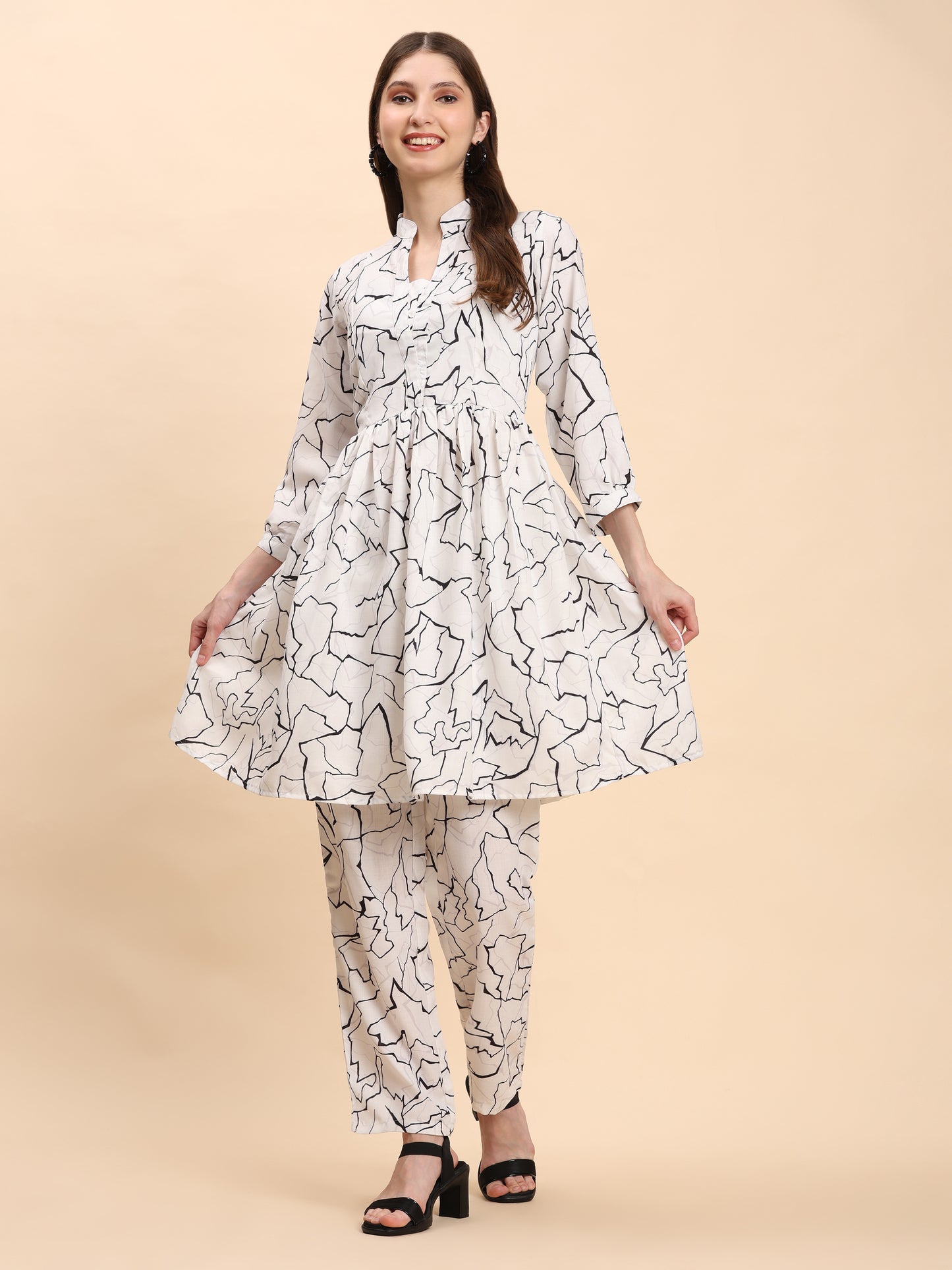 Noia White & Black Abstract Long Sleeved V-Neck Top with Trousers
