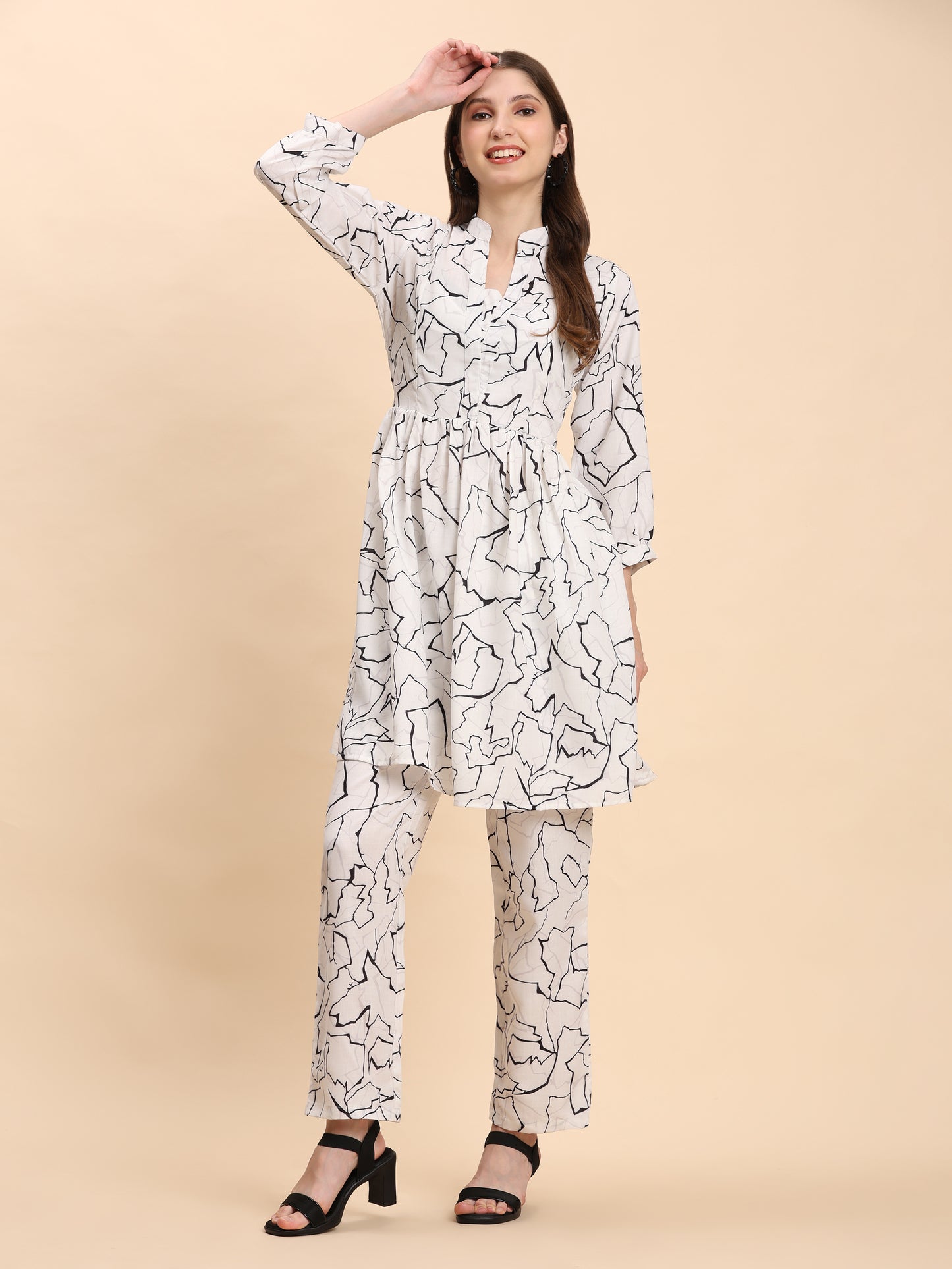 Noia White & Black Abstract Long Sleeved V-Neck Top with Trousers