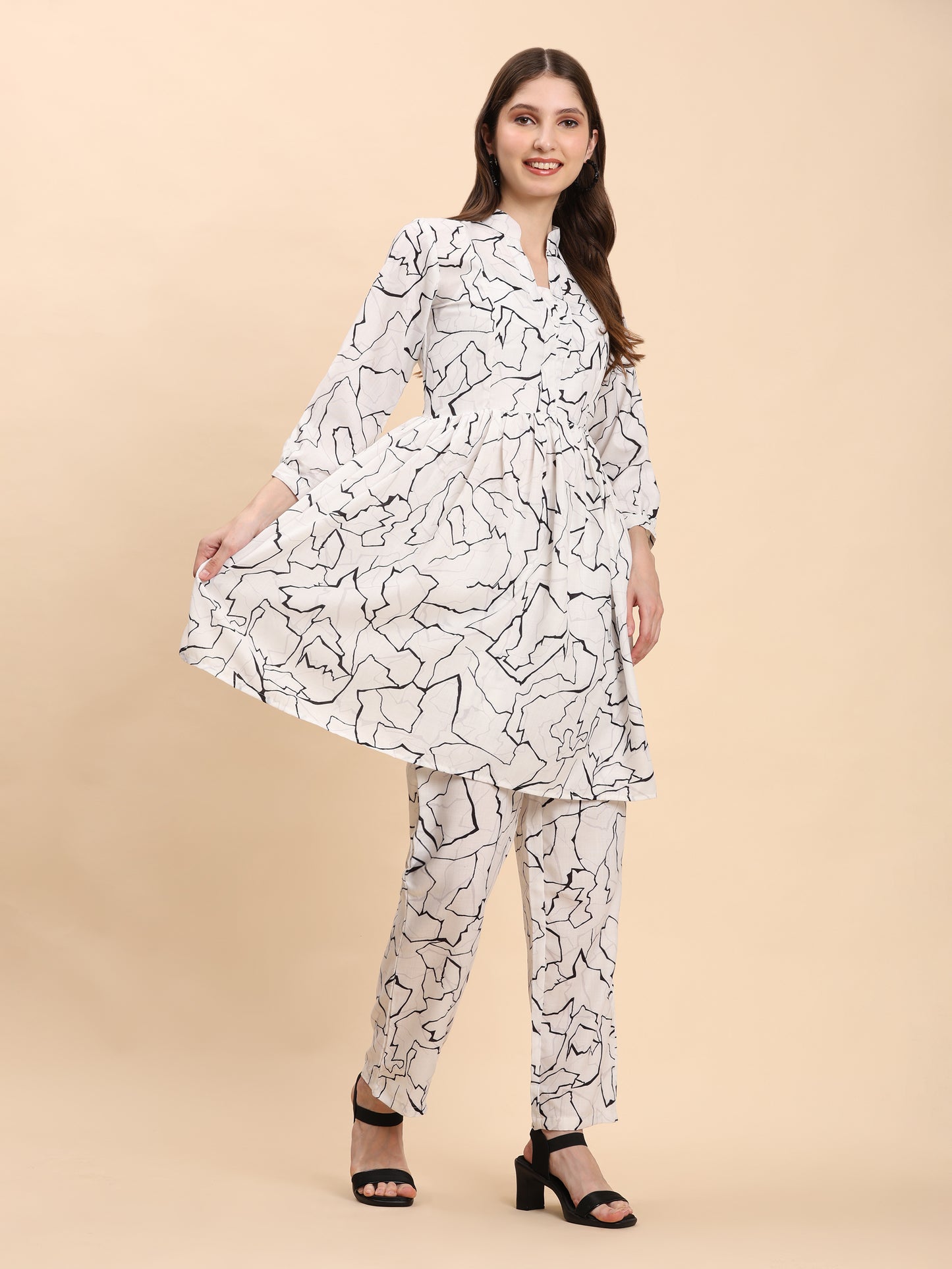 Noia White & Black Abstract Long Sleeved V-Neck Top with Trousers