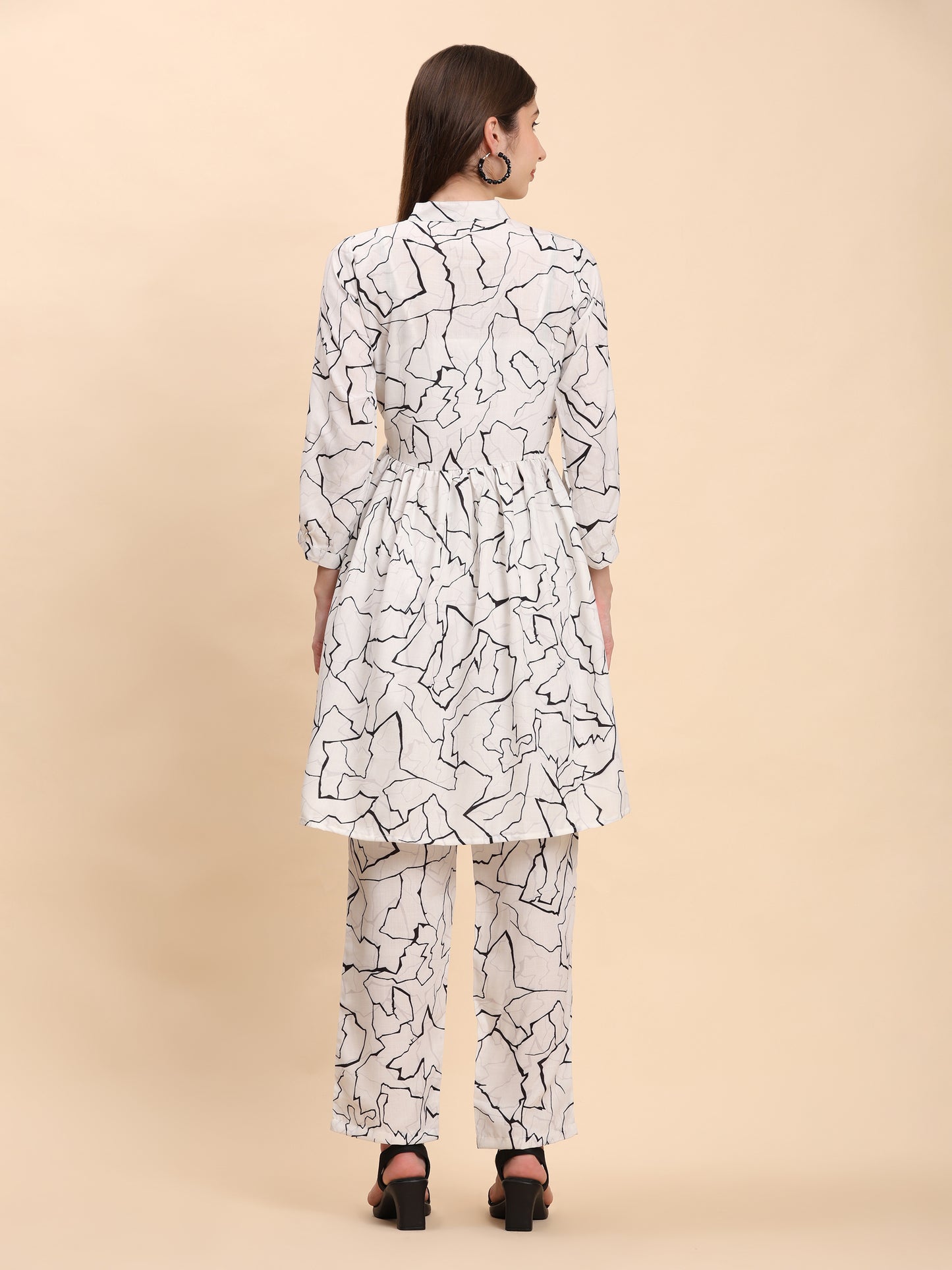 Noia White & Black Abstract Long Sleeved V-Neck Top with Trousers