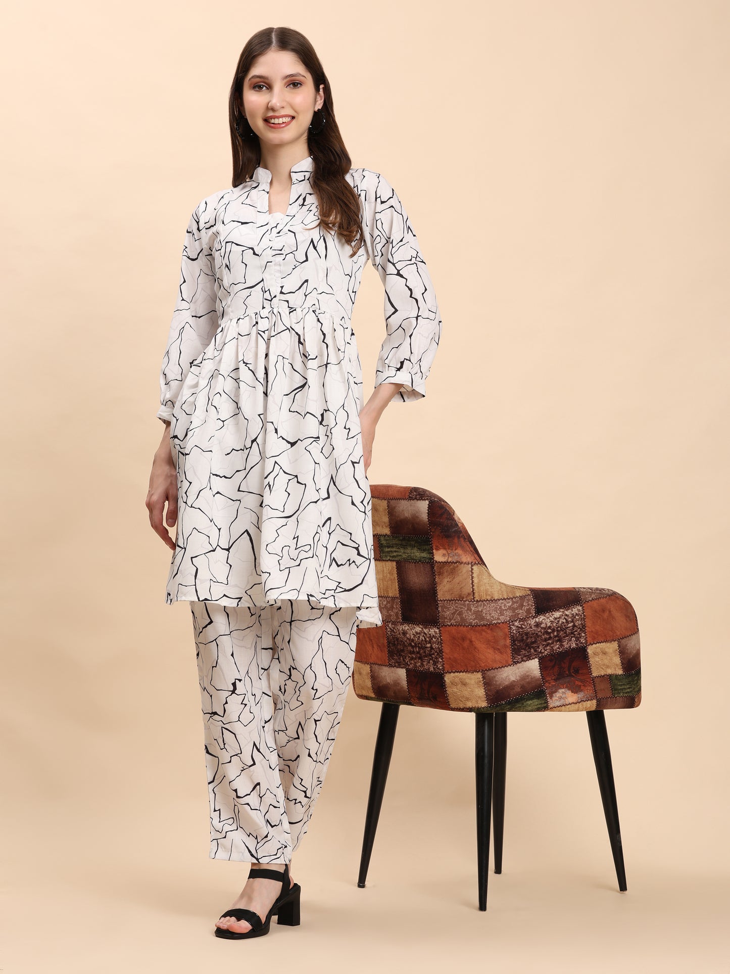 Noia White & Black Abstract Long Sleeved V-Neck Top with Trousers