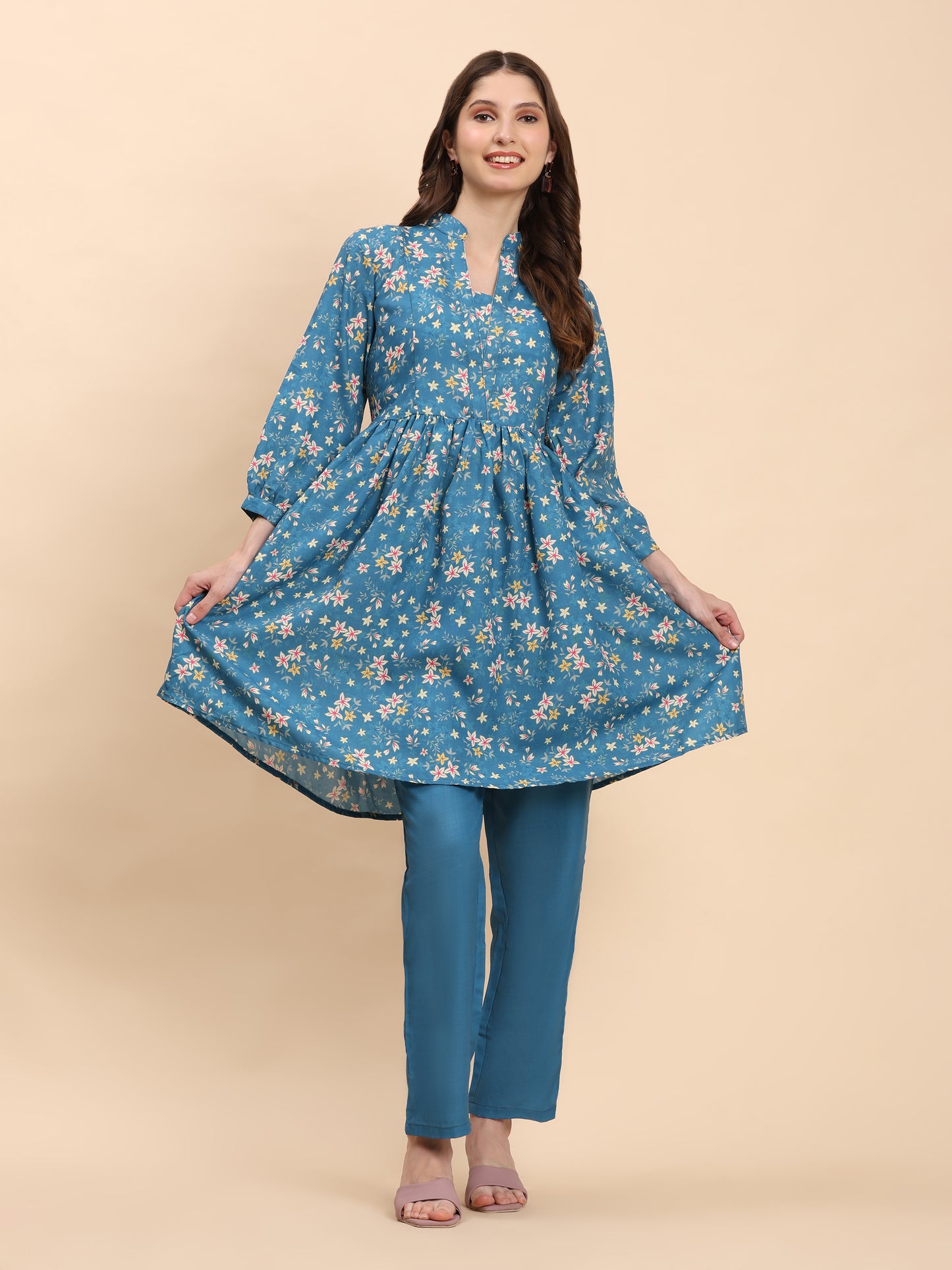 Noia Green & Yellow Floral Ditsy Long Sleeved V-Neck Top with Trousers