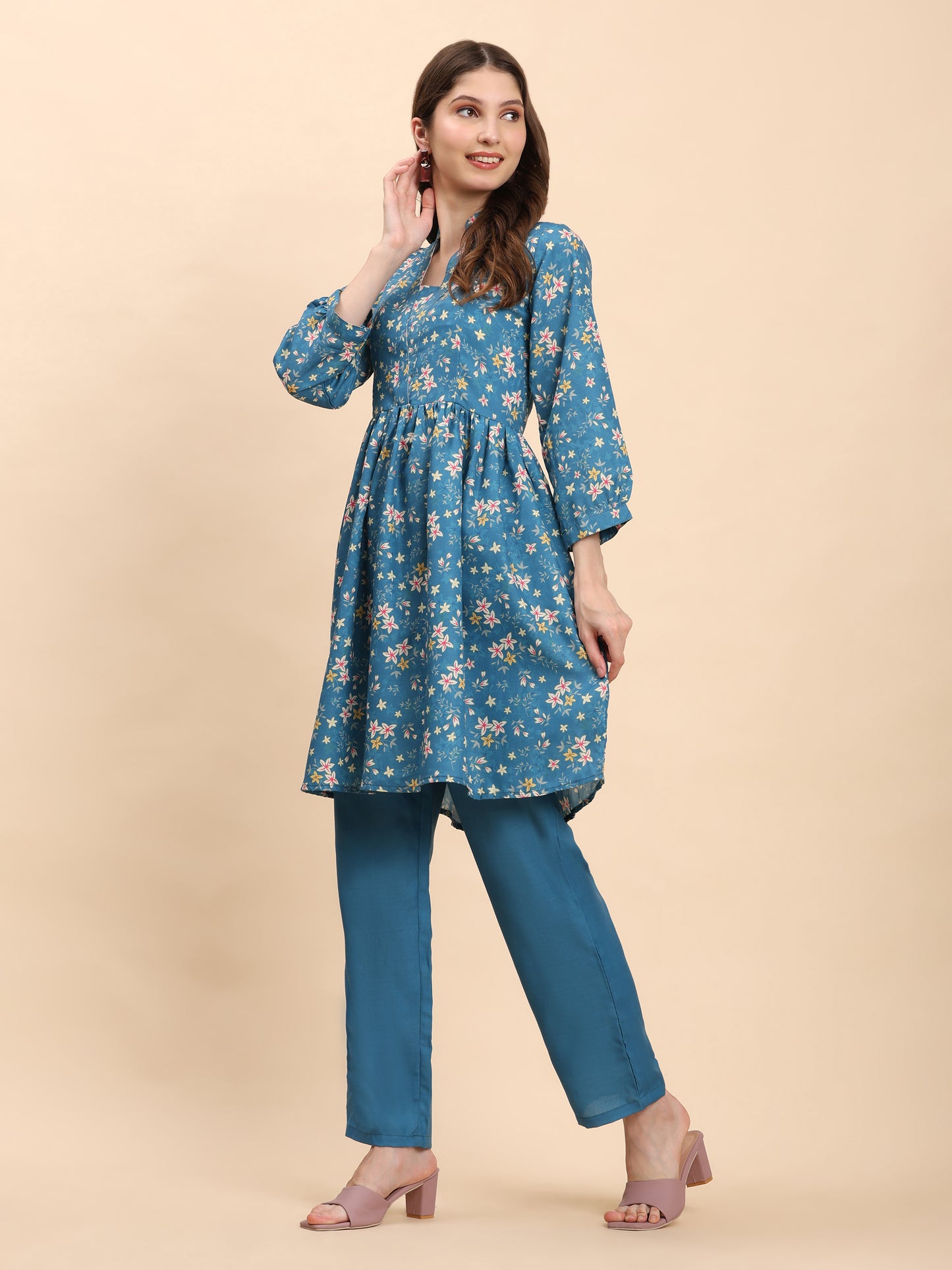 Noia Green & Yellow Floral Ditsy Long Sleeved V-Neck Top with Trousers