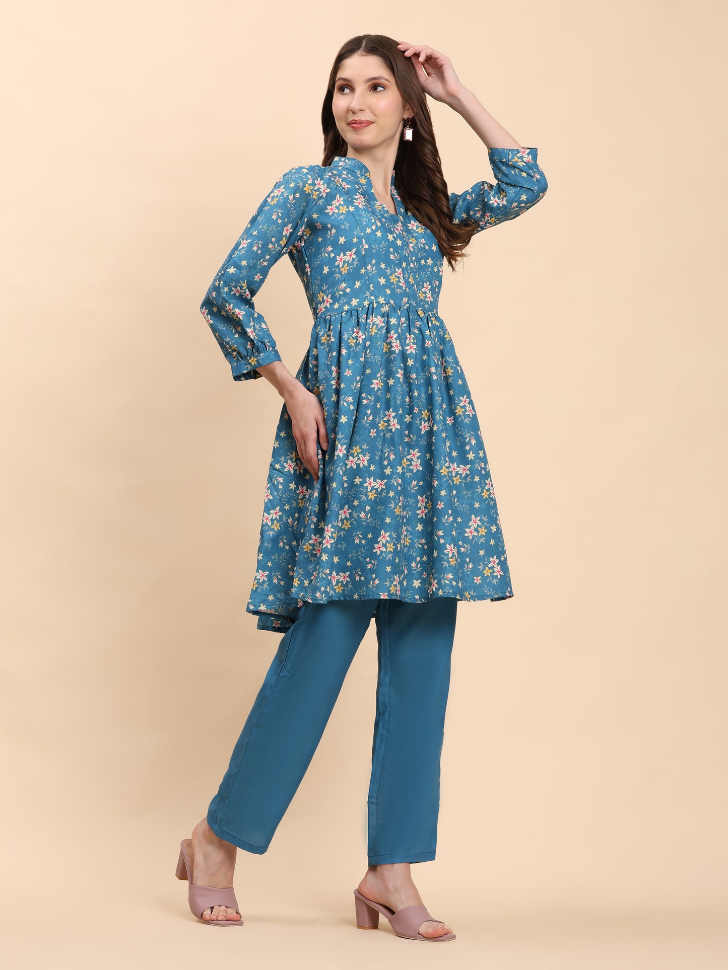 Noia Green & Yellow Floral Ditsy Long Sleeved V-Neck Top with Trousers