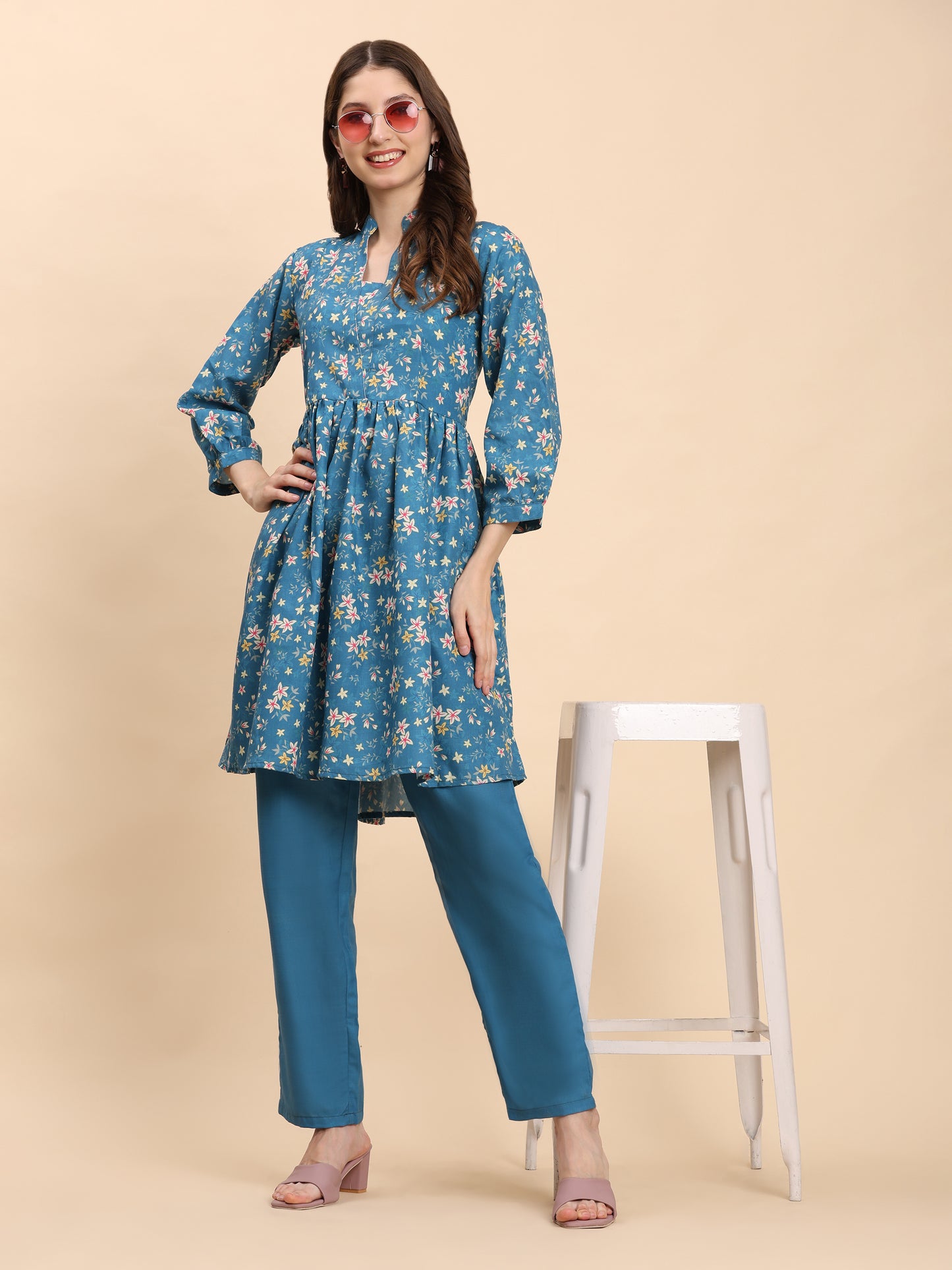 Noia Green & Yellow Floral Ditsy Long Sleeved V-Neck Top with Trousers