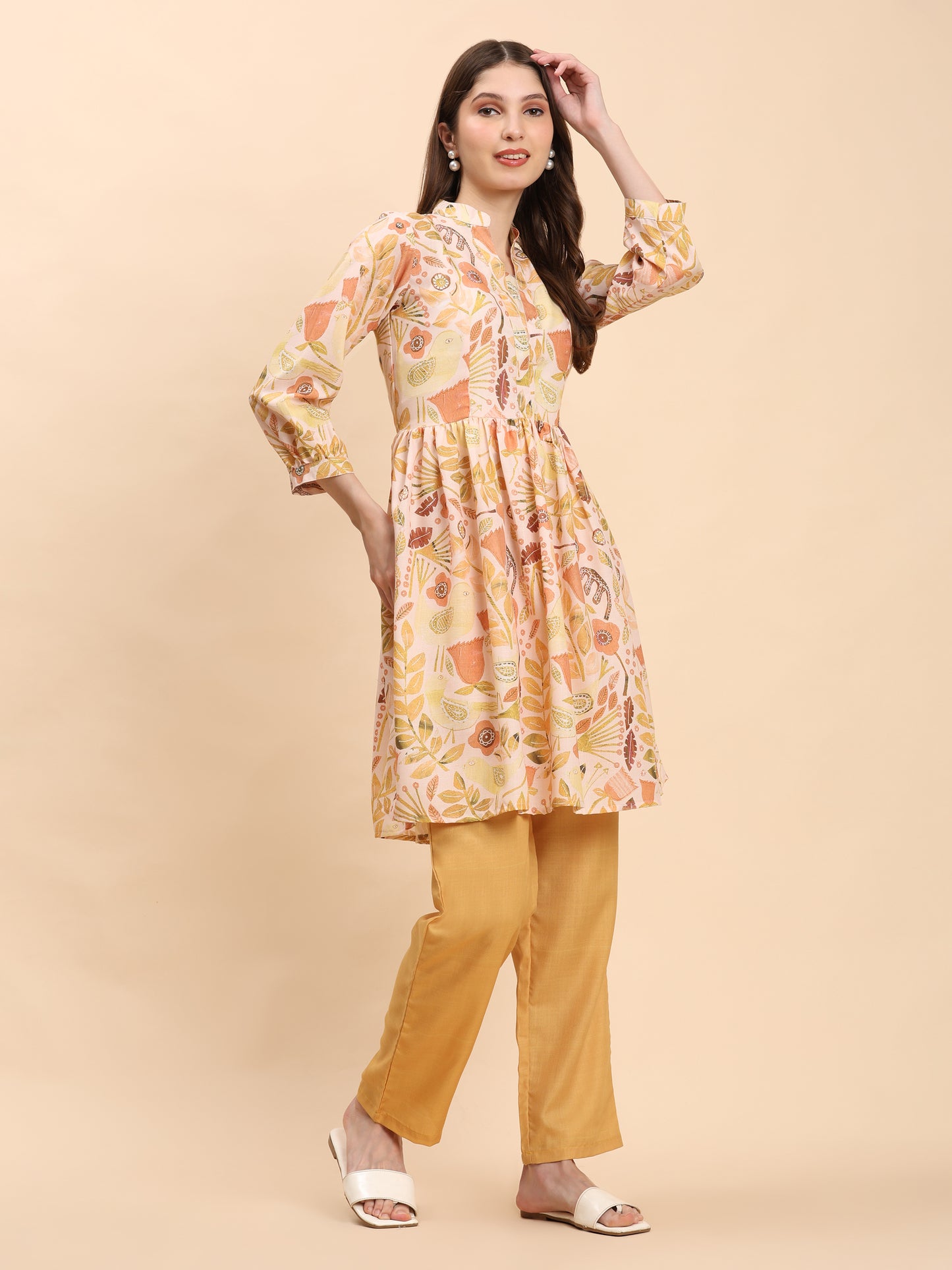 Noia Yellow Multi Abstract Floral Long Sleeved V-Neck Top with Trousers