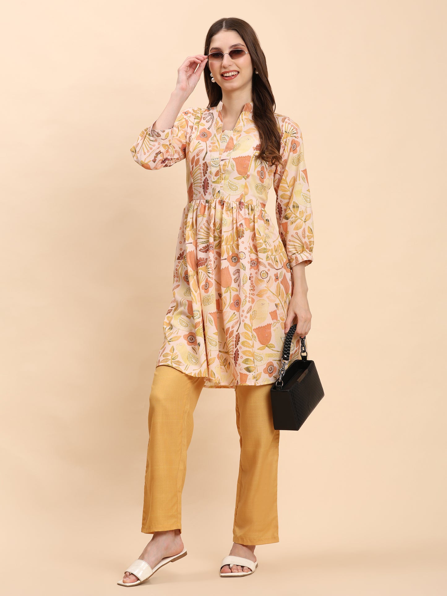 Noia Yellow Multi Abstract Floral Long Sleeved V-Neck Top with Trousers
