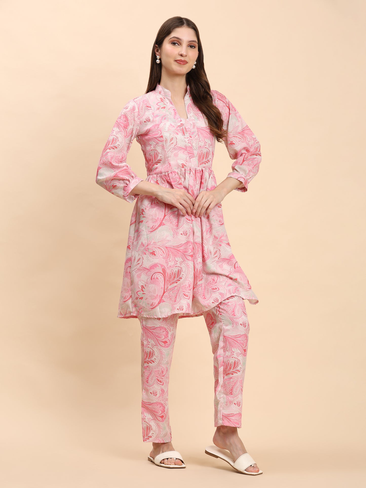 Noia Pink & White Paisley Long Sleeved V-Neck Top with Trousers
