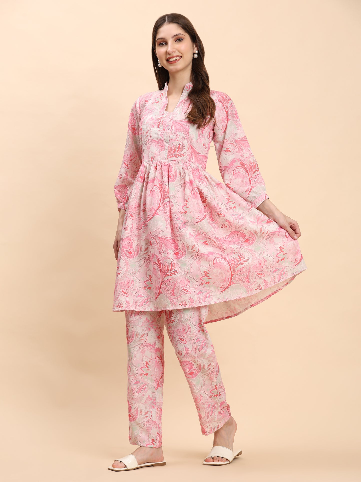 Noia Pink & White Paisley Long Sleeved V-Neck Top with Trousers