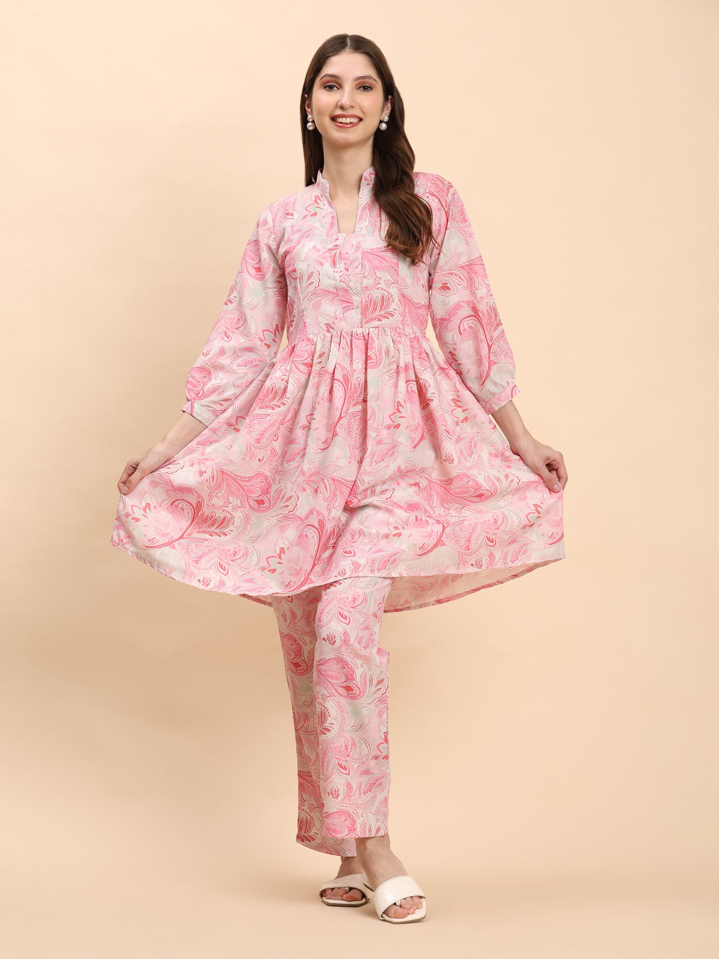 Noia Pink & White Paisley Long Sleeved V-Neck Top with Trousers