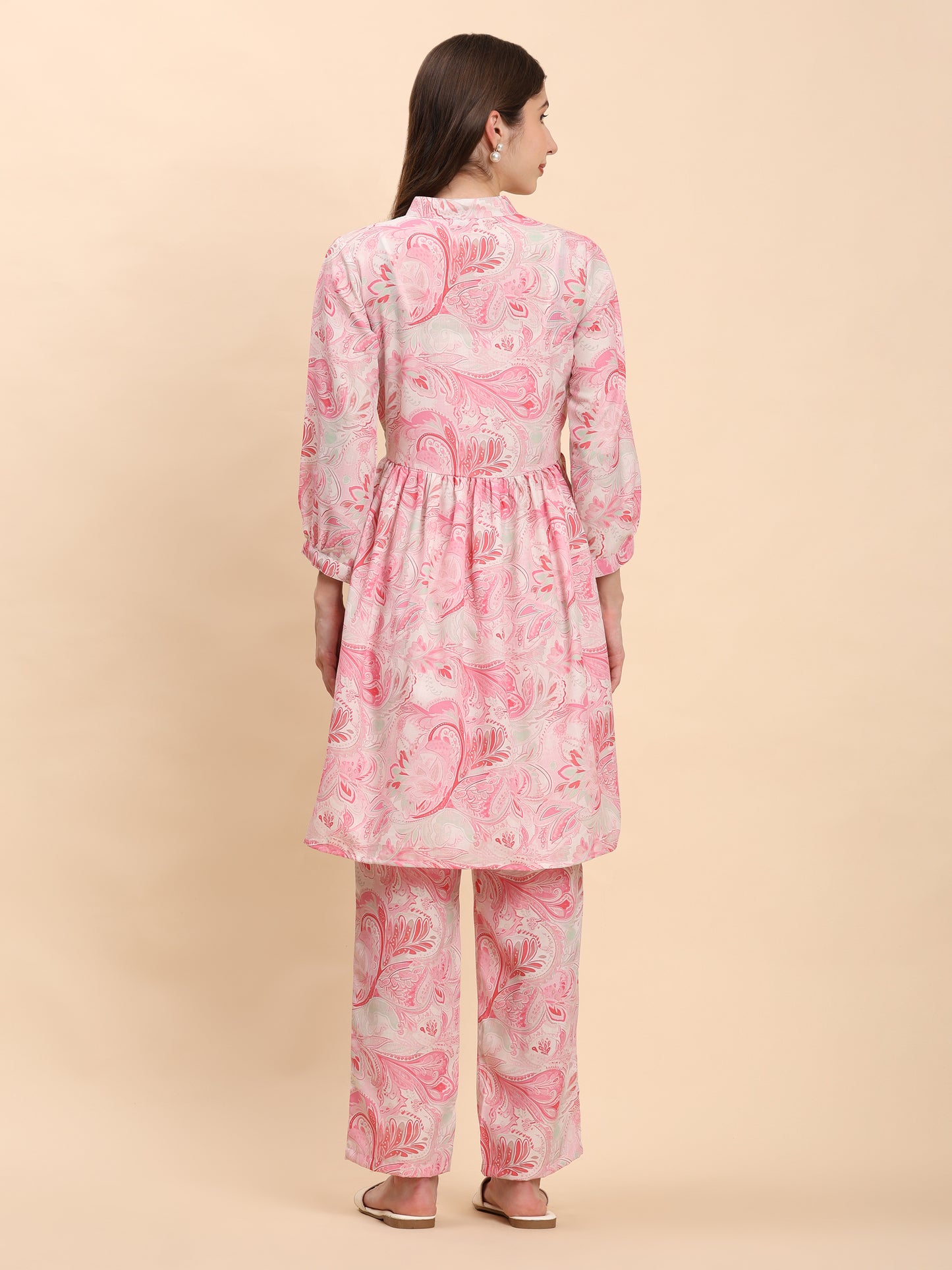Noia Pink & White Paisley Long Sleeved V-Neck Top with Trousers
