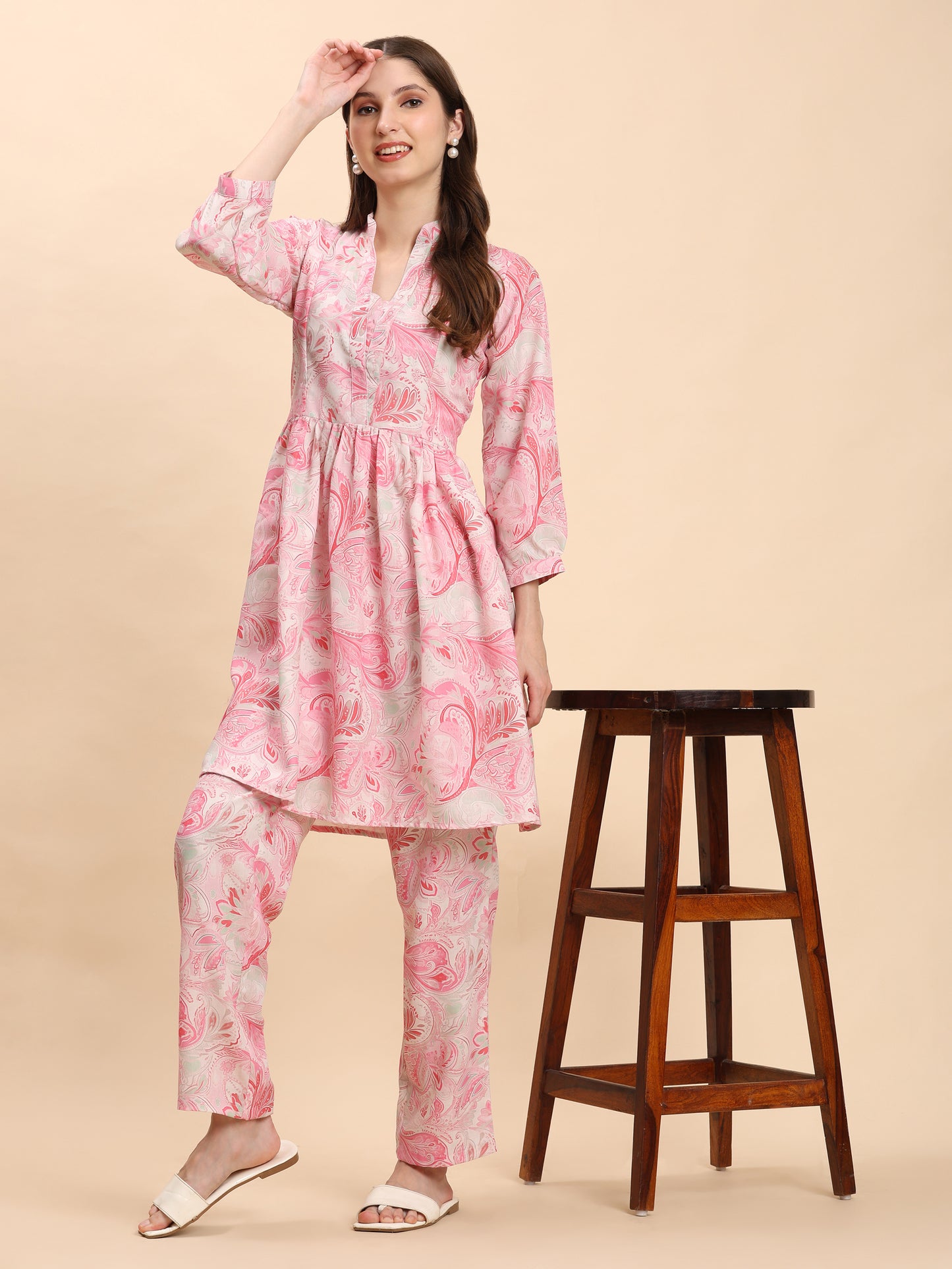 Noia Pink & White Paisley Long Sleeved V-Neck Top with Trousers