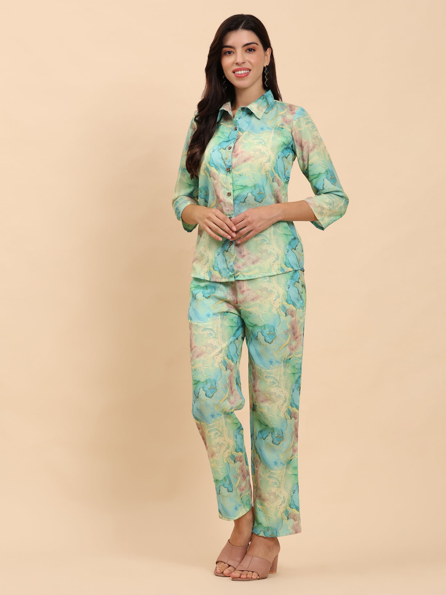Noia Green & Gold Abstract Shirt with Trousers