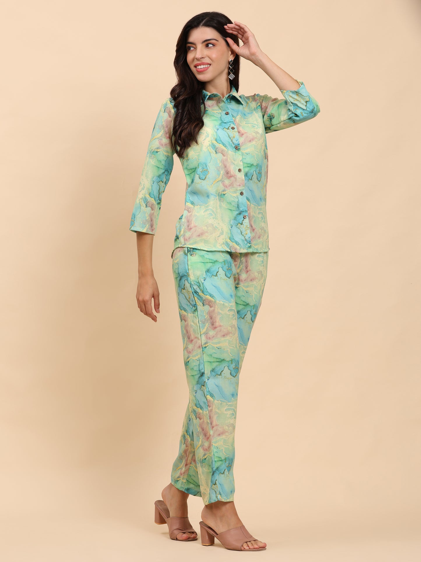 Noia Green & Gold Abstract Shirt with Trousers