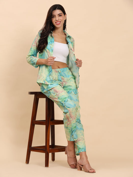 Noia Green & Gold Abstract Shirt with Trousers