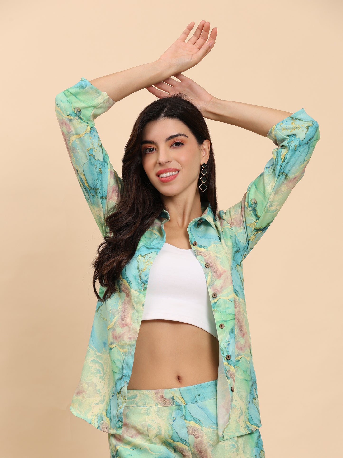 Noia Green & Gold Abstract Shirt with Trousers