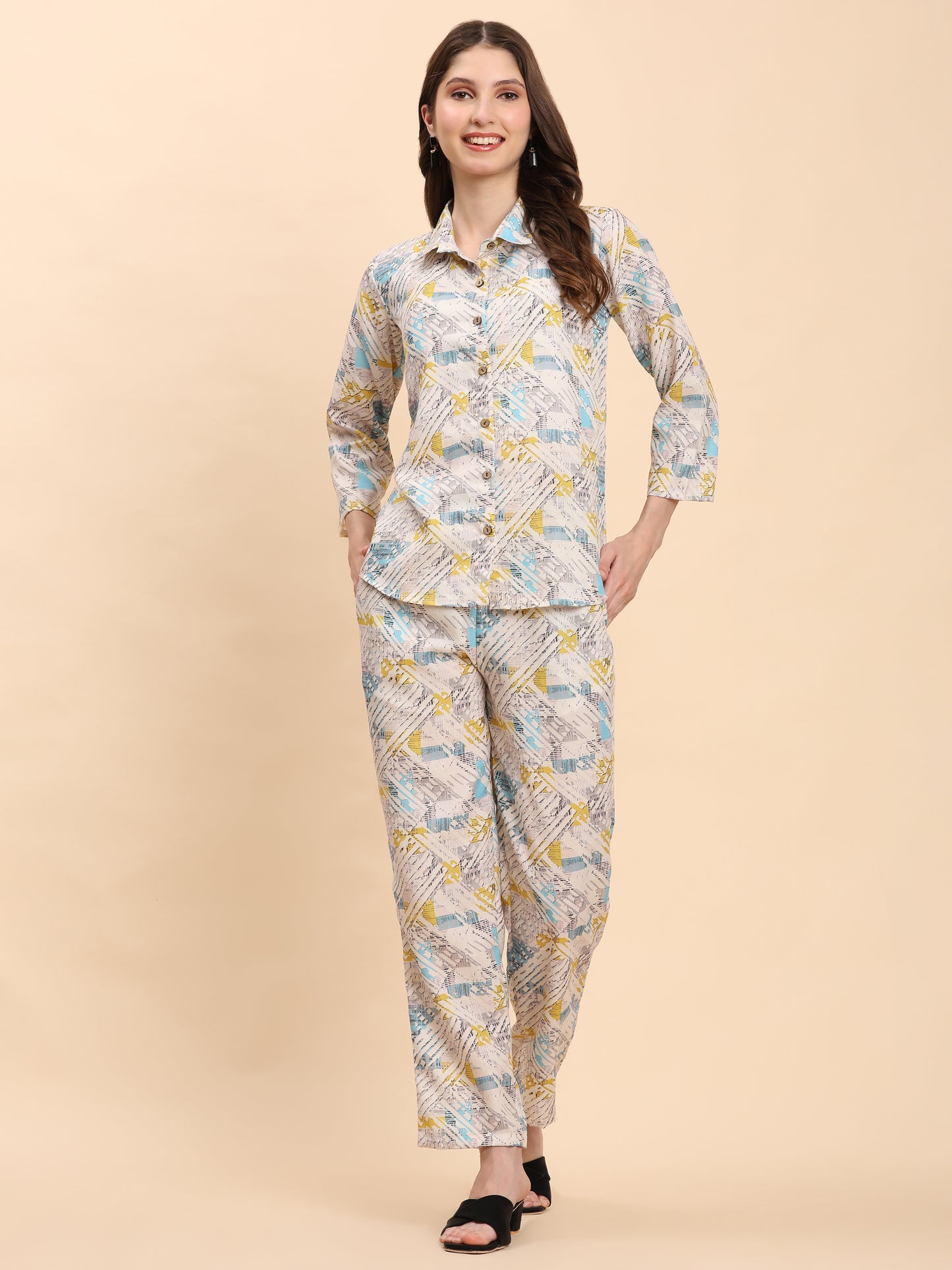 Noia White & Multi Geometric Shirt with Trousers