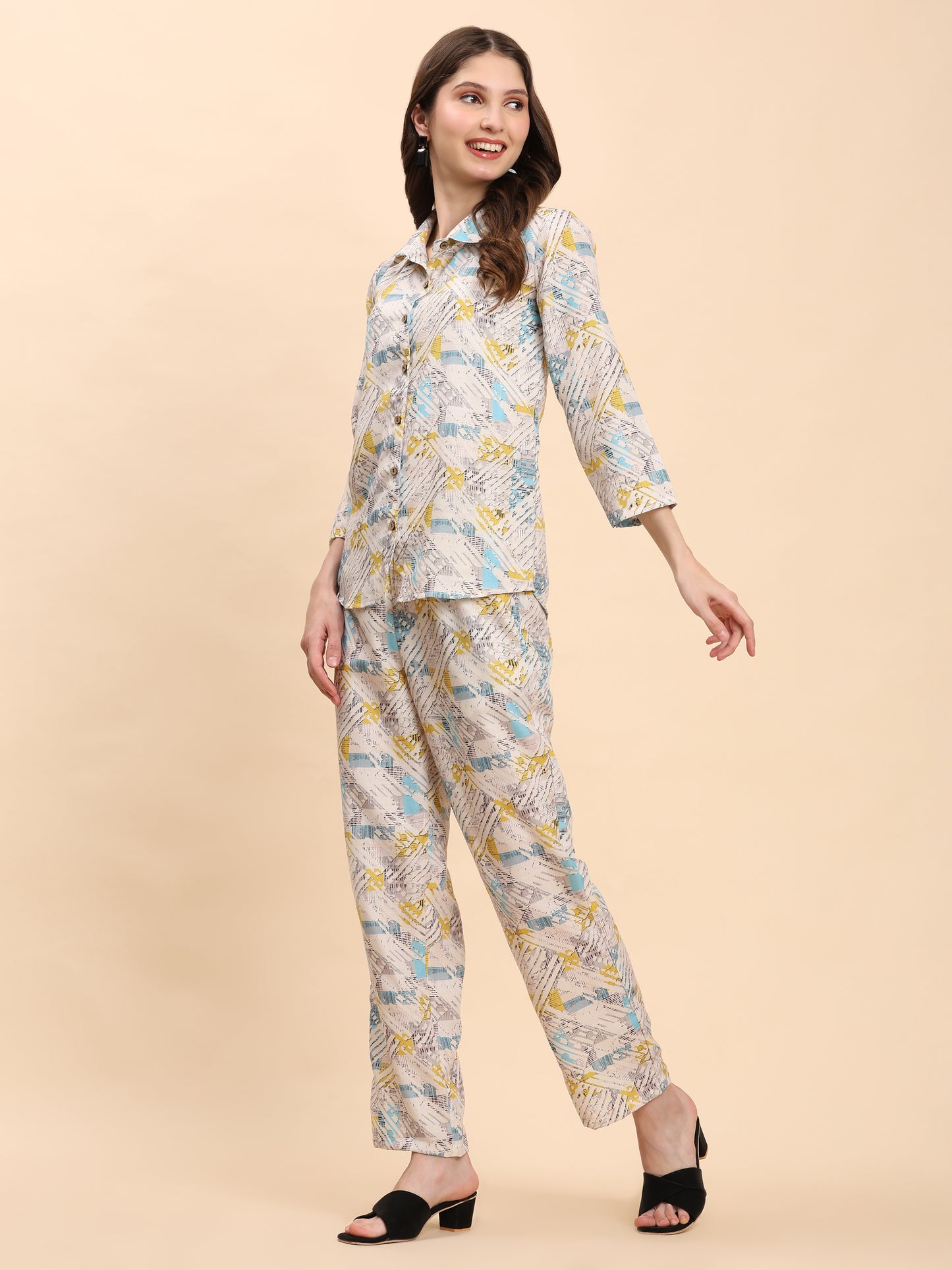 Noia White & Multi Geometric Shirt with Trousers