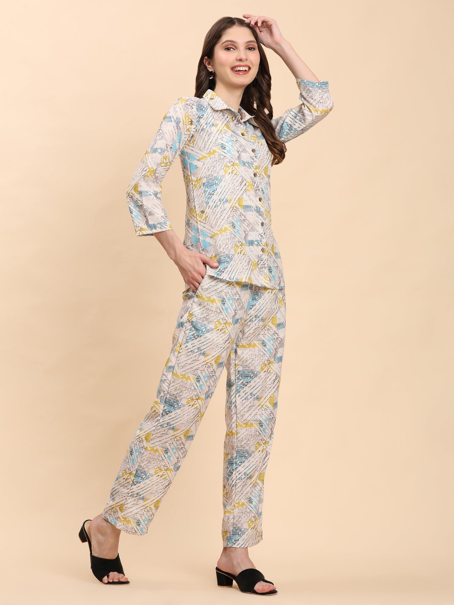 Noia White & Multi Geometric Shirt with Trousers