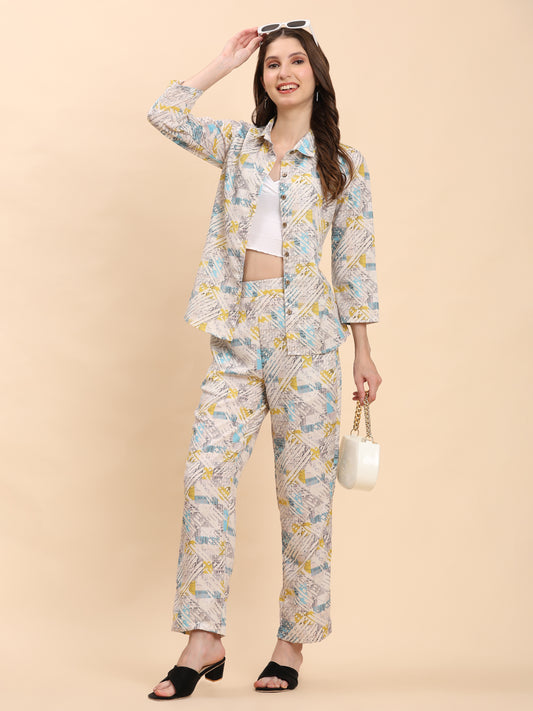Noia White & Multi Geometric Shirt with Trousers