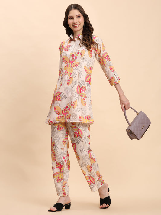 Noia Yellow & Multi Abstract Collared Top with Trousers