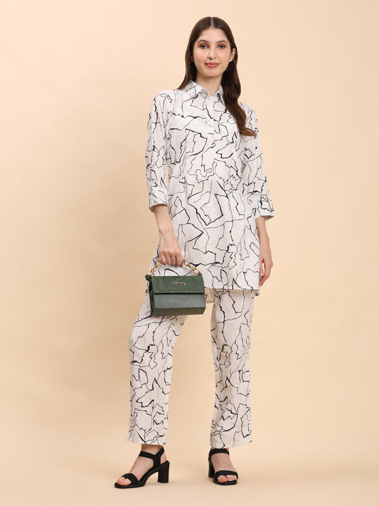 Noia White & Black Abstract Shirt Collared Top with Trousers