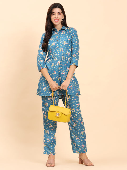 Noia Green & Yellow Floral Ditsy Shirt Collared Top with Trousers