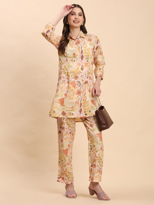 Noia Yellow Multi Abstract Floral Shirt Collared Top with Trousers