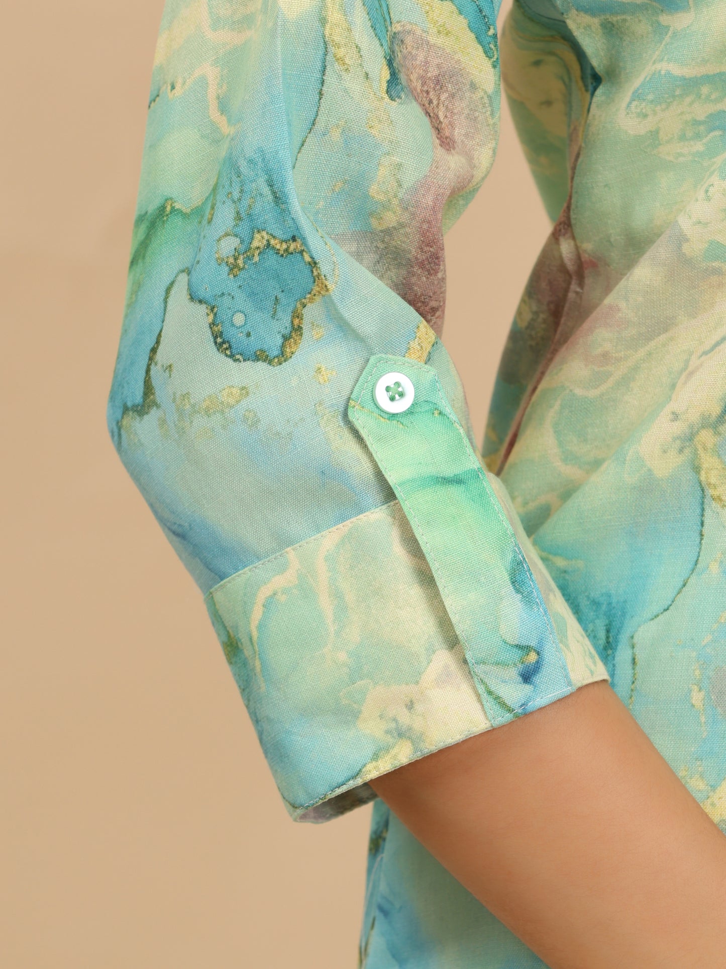 Noia Green & Gold Abstract Shirt Collared Top with Trousers
