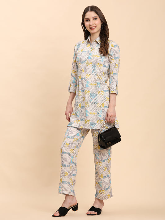Noia White & Multi Geometric Shirt Collared Top with Trousers